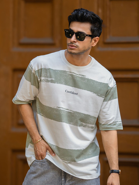 Maniac Men Striped Round Neck Cotton Oversized T-shirt