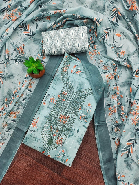 LeeliPeeri Designer Floral Printed Sequinned Cotton Unstitched Dress Material