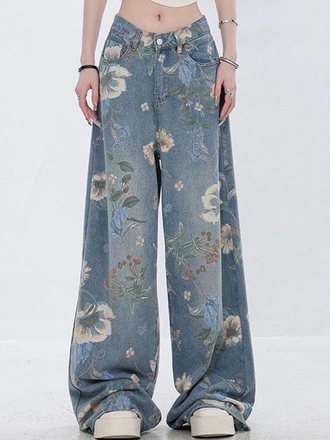 Outzidr Women Relaxed Fit Mid-Rise Floral Printed Jeans