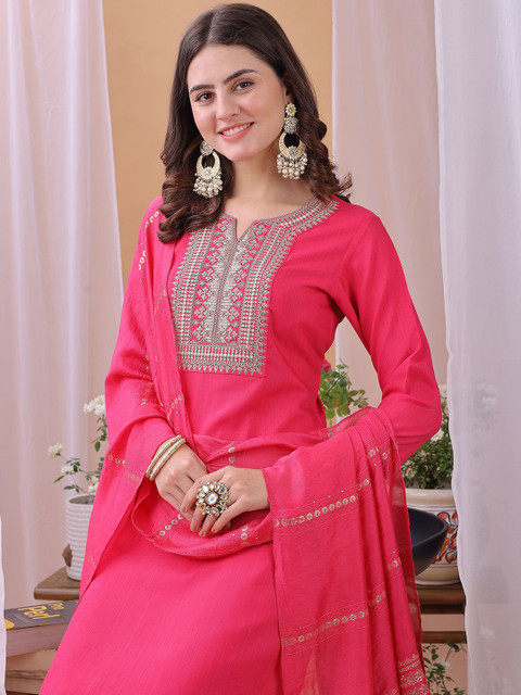 KALINI Yoke Design Notch-Neck Sequinned Straight Kurta With Trousers And Dupatta - Image 5