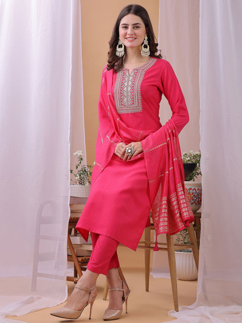 KALINI Yoke Design Notch-Neck Sequinned Straight Kurta With Trousers And Dupatta
