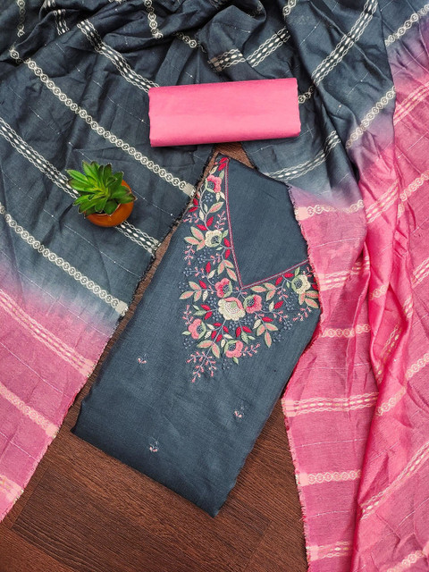 KALINI Floral Embroidered Embellished Cotton Unstitched Dress Material