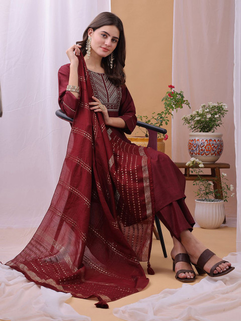 KALINI Yoke Design Sequinned Straight Kurta With Trousers And Dupatta