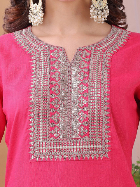 KALINI Yoke Design Notch-Neck Sequinned Straight Kurta With Trousers And Dupatta - Image 2