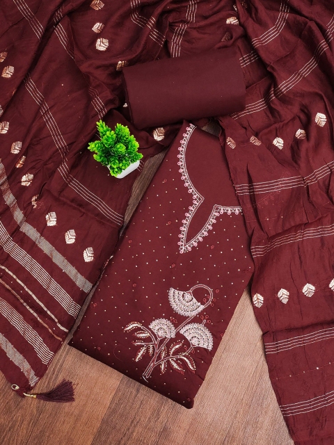 KALINI Floral Embroidered Embellished Satin Cotton Unstitched Dress Material