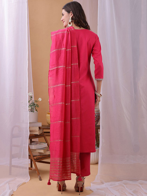 KALINI Yoke Design Notch-Neck Sequinned Straight Kurta With Trousers And Dupatta - Image 4