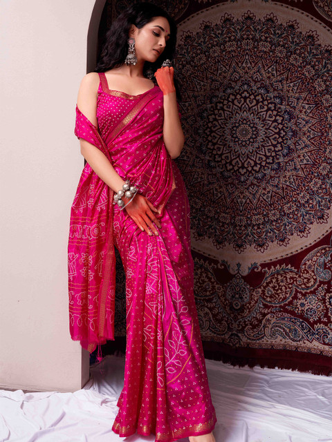 HERE&NOW Bandhani Zardozi Silk Blend Bandhani Saree