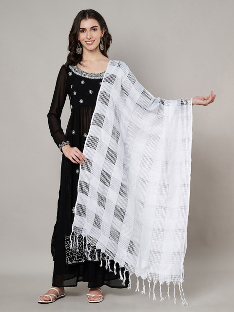 MUFFLY Checked Fringed Cotton Dupatta