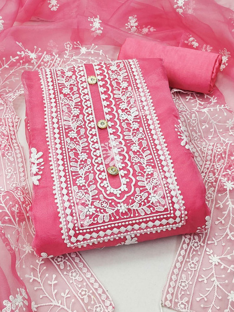 Peachmode Floral Embroidered Thread Work Organza Unstitched Dress Material