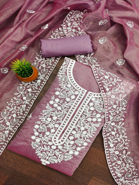 Peachmode Floral Embroidered Thread Work Unstitched Dress Material