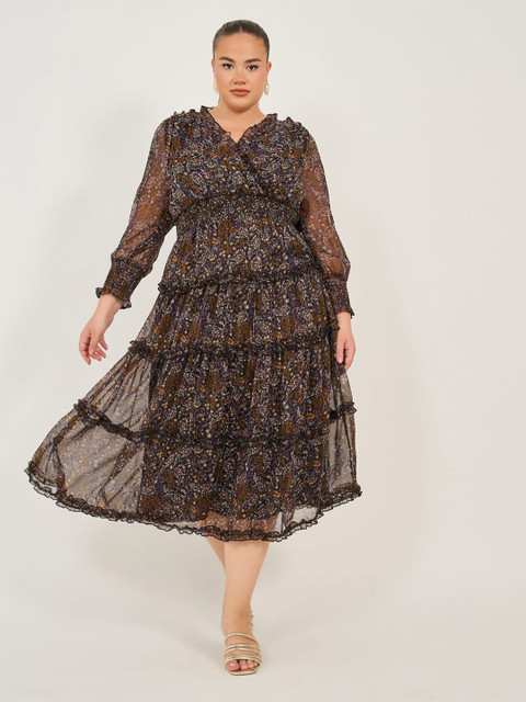 Styli Women Plus Size V-Neck Puff Sleeves Smocking Tier Maxi Dress