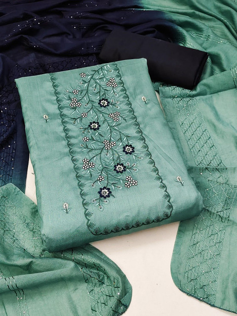 KALINI Floral Embroidered Thread Work Soft Silk Cotton Unstitched Dress Material