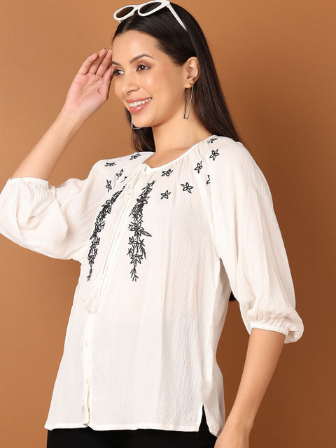 V-Mart Floral Embroidered Thread Work Pure Cotton Kurti