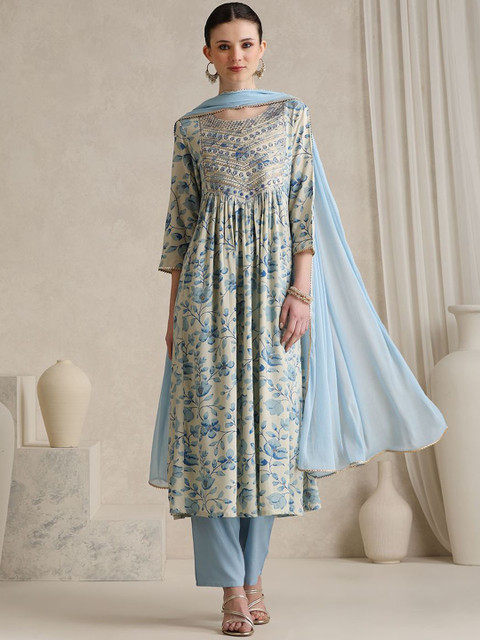 Khushal K Women Floral Printed Regular Sequinned Kurta with Palazzos & With Dupatta