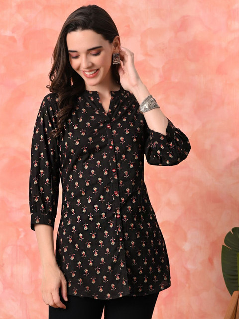 Sangria Printed Pure Cotton Mandarin Collar Tunics