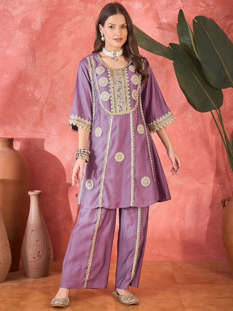 Sangria Floral Embroidered Round Neck Mirror Work A-Line Kurta With Palazzos