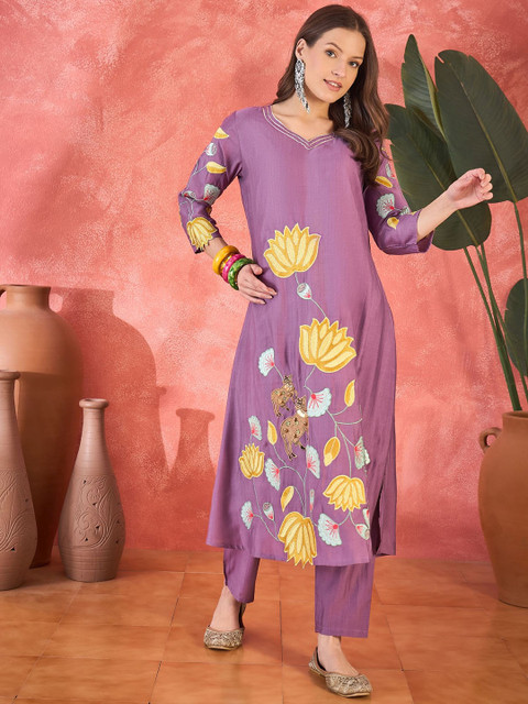 Sangria Floral Embroidered A-Line Kurta With Trousers & Bag
