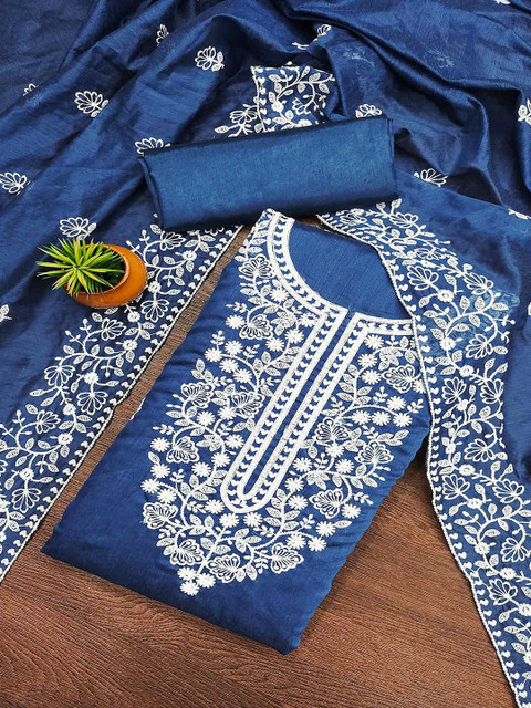 Peachmode Floral Embroidered Chanderi Cotton Unstitched Dress Material