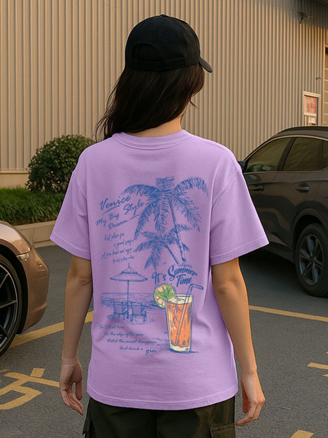 JUNEBERRY Women Printed Round Neck Relaxed Fit Pure Cotton Oversized Plus Size T-Shirt