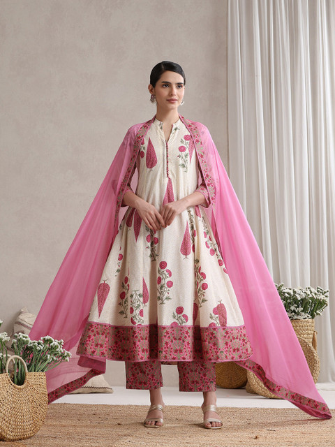 Khushal K Women Floral Printed Cotton Kurta with Palazzos & Dupatta
