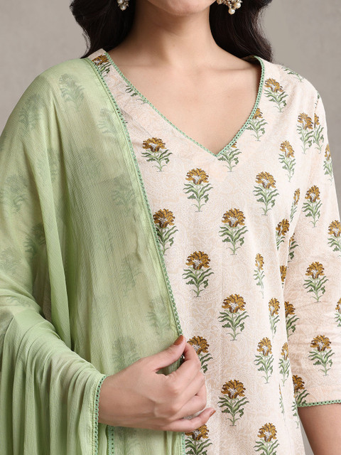 Khushal K Floral Printed V-Neck Pure Cotton Kurta with Palazzos & With Dupatta - Image 2