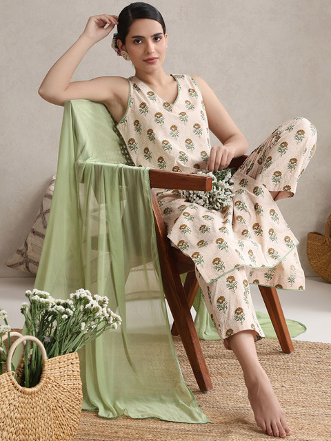 Khushal K Floral Printed V-Neck Pure Cotton Kurta With Palazzos And Dupatta - Image 5