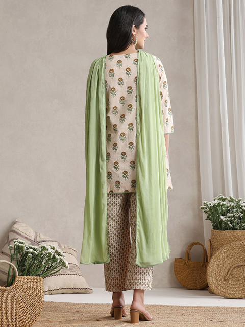 Khushal K Floral Printed V-Neck Pure Cotton Kurta with Palazzos & With Dupatta - Image 4