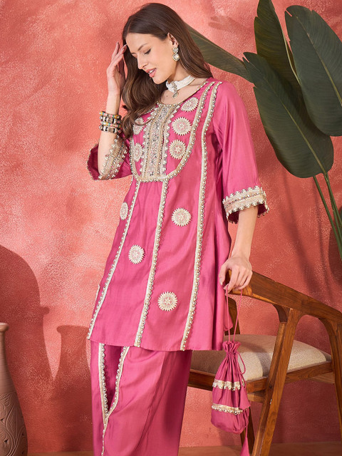 Sangria Women Floral Embroidered & Sequined A-Line Kurta With Palazzos & Bag
