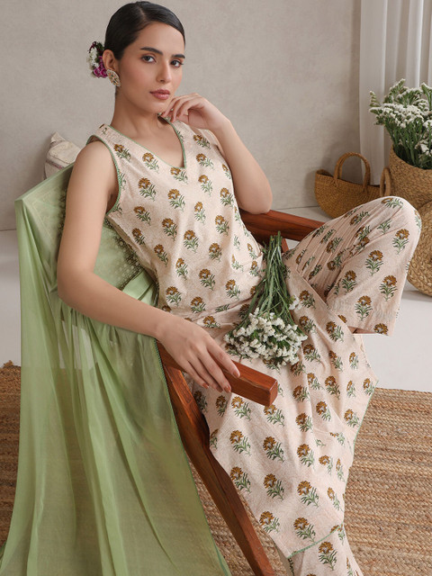 Khushal K Floral Printed V-Neck Pure Cotton Kurta With Palazzos And Dupatta - Image 6