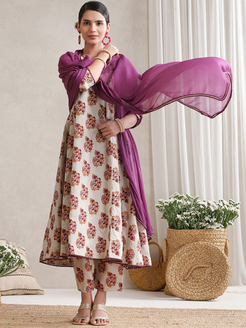 Khushal K Floral Printed V-Neck Pure Cotton A-Line Kurta with Trousers And Dupatta