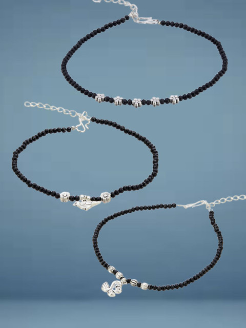 ATIBELLE Set Of 3 Silver-Plated Artificial Beaded Anklet