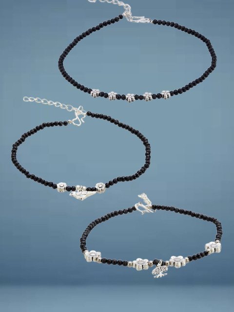 ATIBELLE Set Of 3 Silver-Plated Artificial Stones Studded And Beaded Anklet