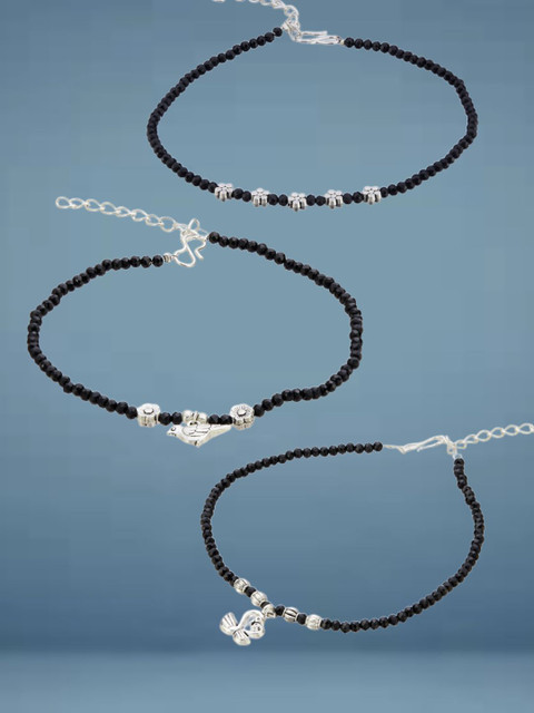 ATIBELLE Set Of 3 Silver-Plated Artificial Stones Studded And Beaded Anklet