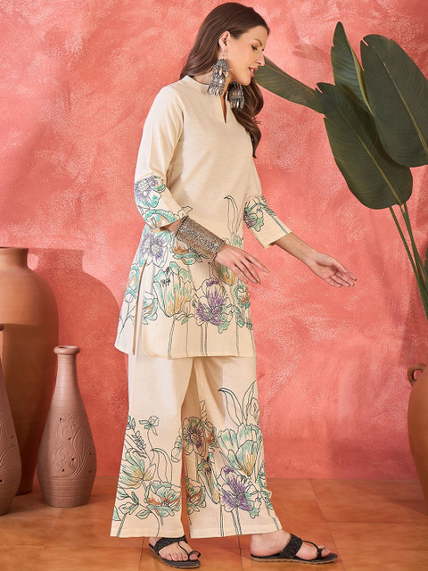 Sangria Floral Printed Pure Cotton Tunic & Palazzo Co-Ord Set