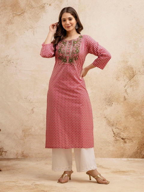 SURHI Floral Printed Thread Work Round Neck Straight Pure Cotton Kurta