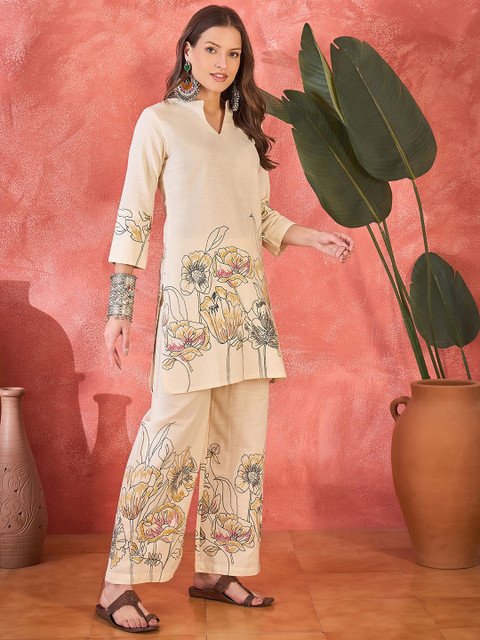Sangria Floral Printed Pure Cotton Tunic & Palazzos Co-Ords
