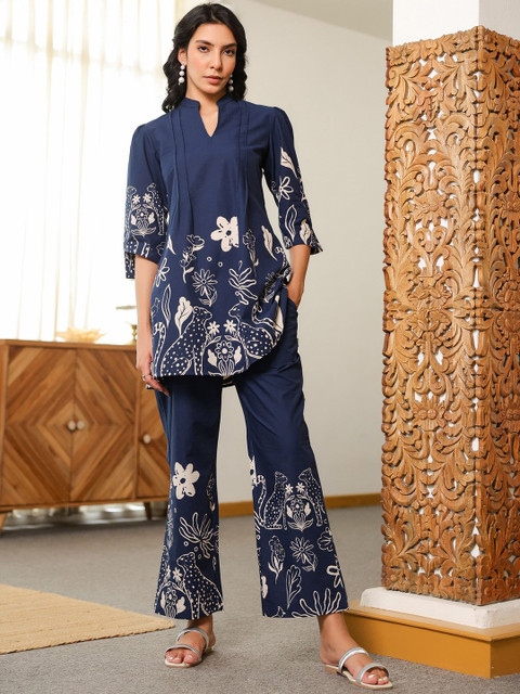 JISORA Floral Printed Pure Cotton Tunic With Trouser Co-Ord Set
