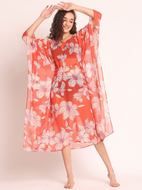 Aoba Orange Printed Swim Kaftan with V-Neck & Short Sleeves