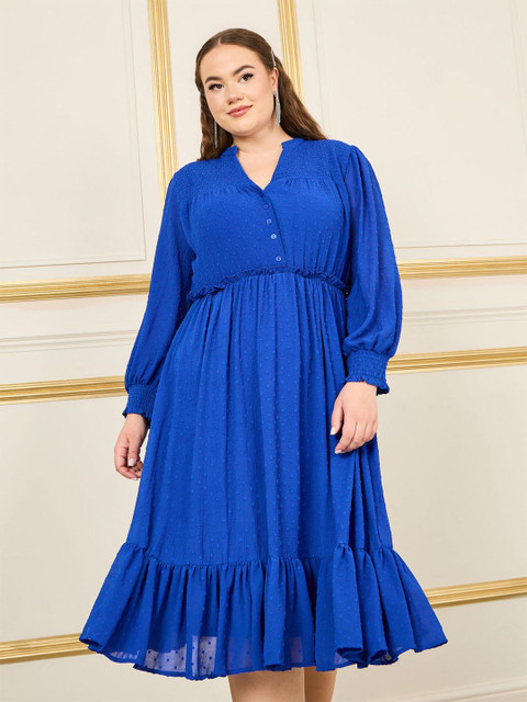 Styli Self Design Mandarin Collar Puff Sleeves Smocked Detail A-line Midi Dress