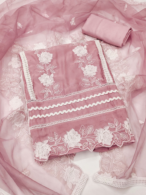 HERE&NOW Embroidered Thread Work Organza Unstitched Dress Material - Image 2