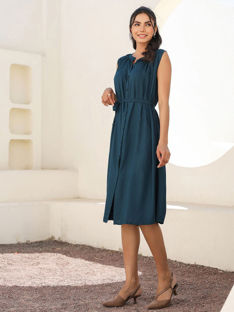 Janasya Women's Teal Blue Rayon Solid A-line Dress - Image 4