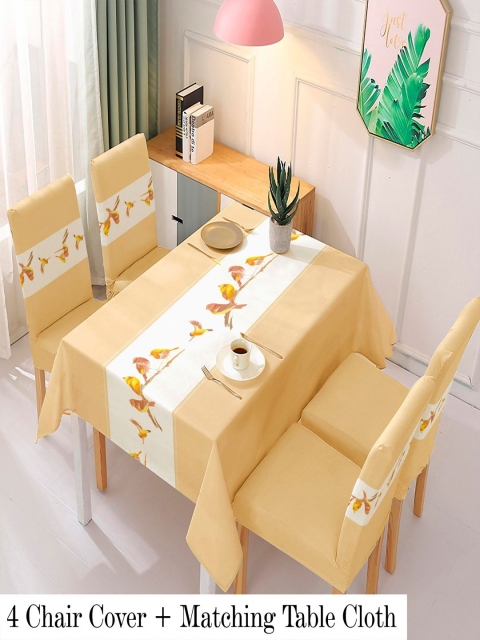 HOKIPO Beige 5 Pieces Chirping Birds Print Dining Chair Covers With Matching Table Cloth - Image 6