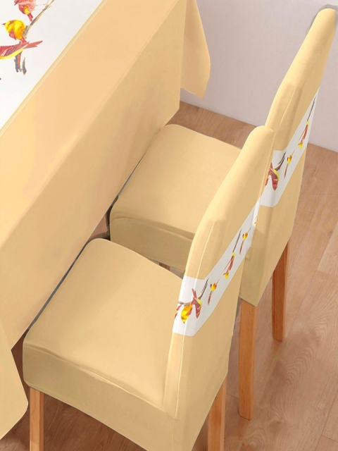 HOKIPO Beige 5 Pieces Chirping Birds Print Dining Chair Covers With Matching Table Cloth - Image 4