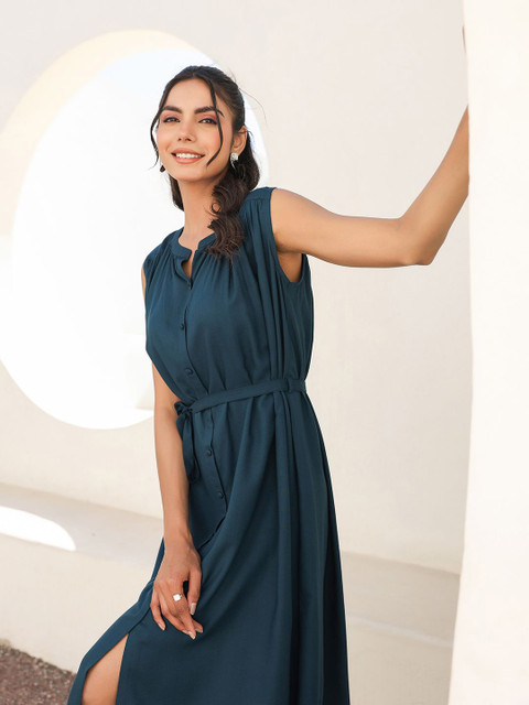 Janasya Women's Teal Blue Rayon Solid A-line Dress - Image 6