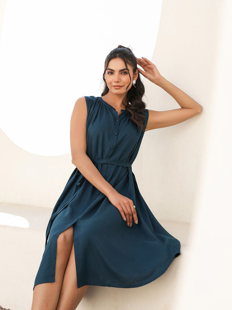 Janasya Women's Teal Blue Rayon Solid A-line Dress - Image 5