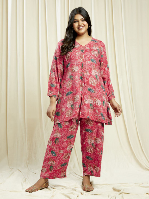 Globus Gloplus V-Neck Floral Print Tunic With Wide Leg Trousers Plus Size Co-Ord Set