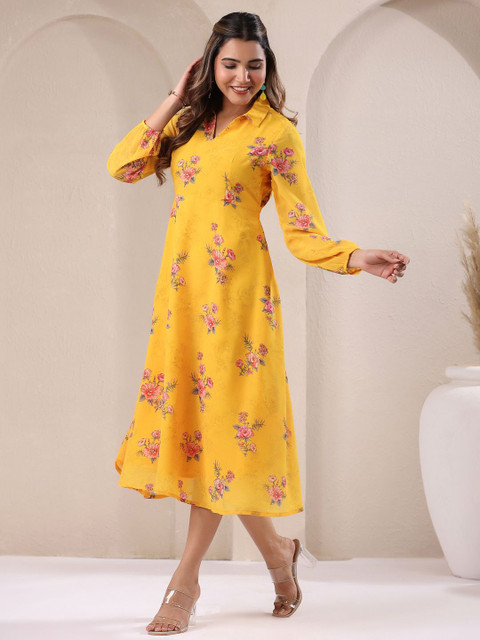 Janasya Women's Mustard Georgette Floral Printed A-line Dress