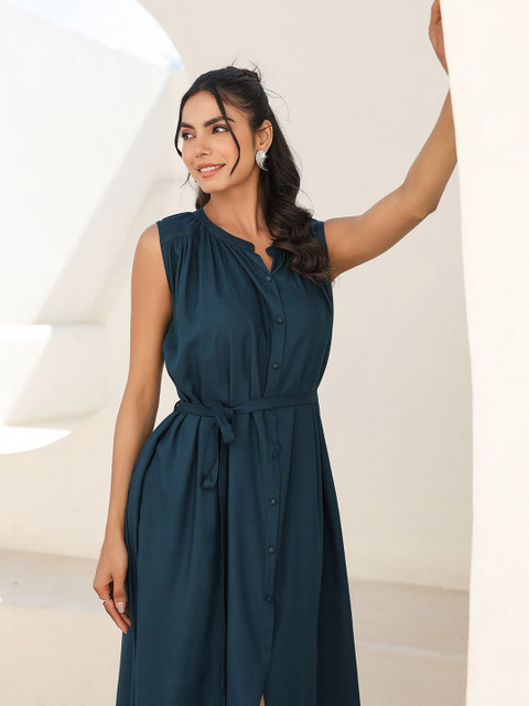 Janasya Women's Teal Blue Rayon Solid A-line Dress - Image 7