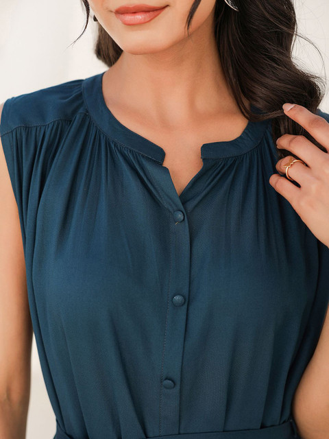 Janasya Women's Teal Blue Rayon Solid A-line Dress - Image 2