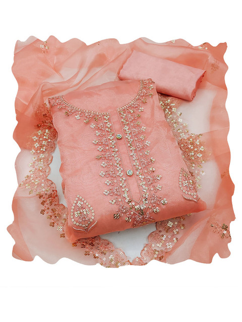 HERE&NOW Embellished Organza Unstitched Dress Material - Image 2